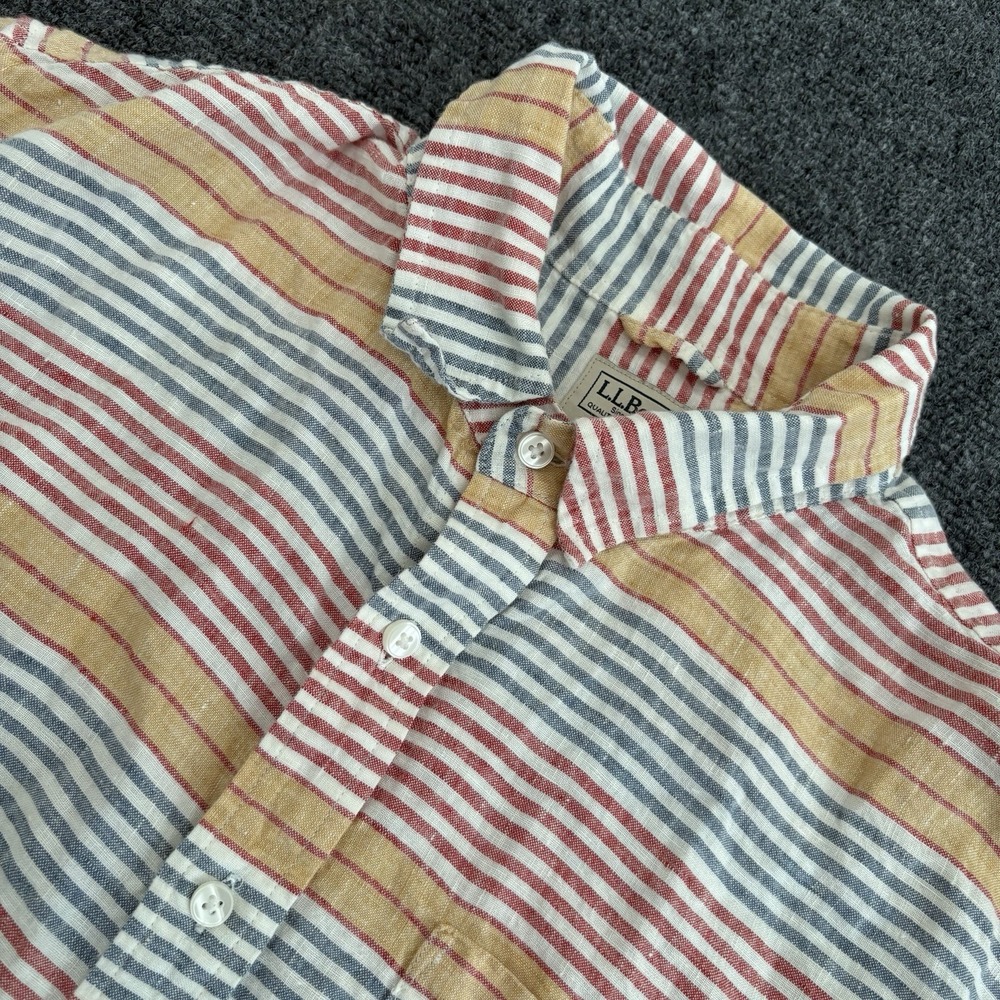 L.L. Bean Shirt Mens Large 100% Linen Red/Blue/Yellow Slightly Fitted S/S‎
